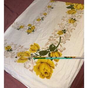Vintage MCM Yellow Rose Tablecloth 62x52 Mid Century Cotton Cottagecore